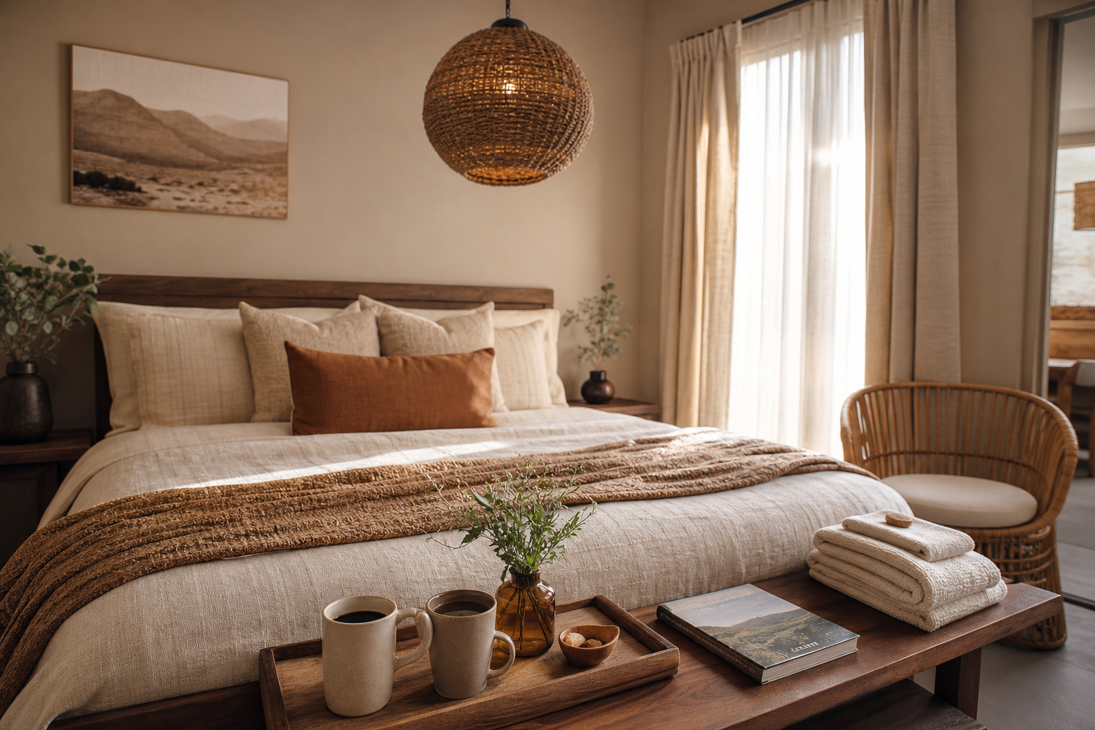 Short-stay apartment styled with warm textures and a welcome tray with coffee set out for guests