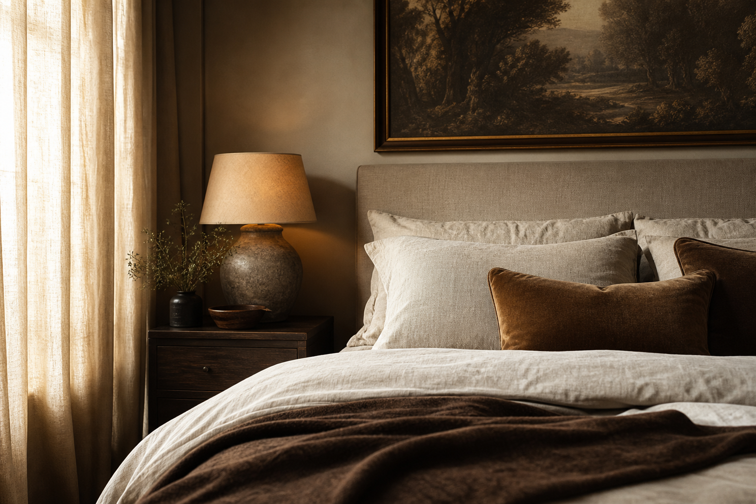 Styled main bedroom with layered linen bedding in warm caramel and beige tones