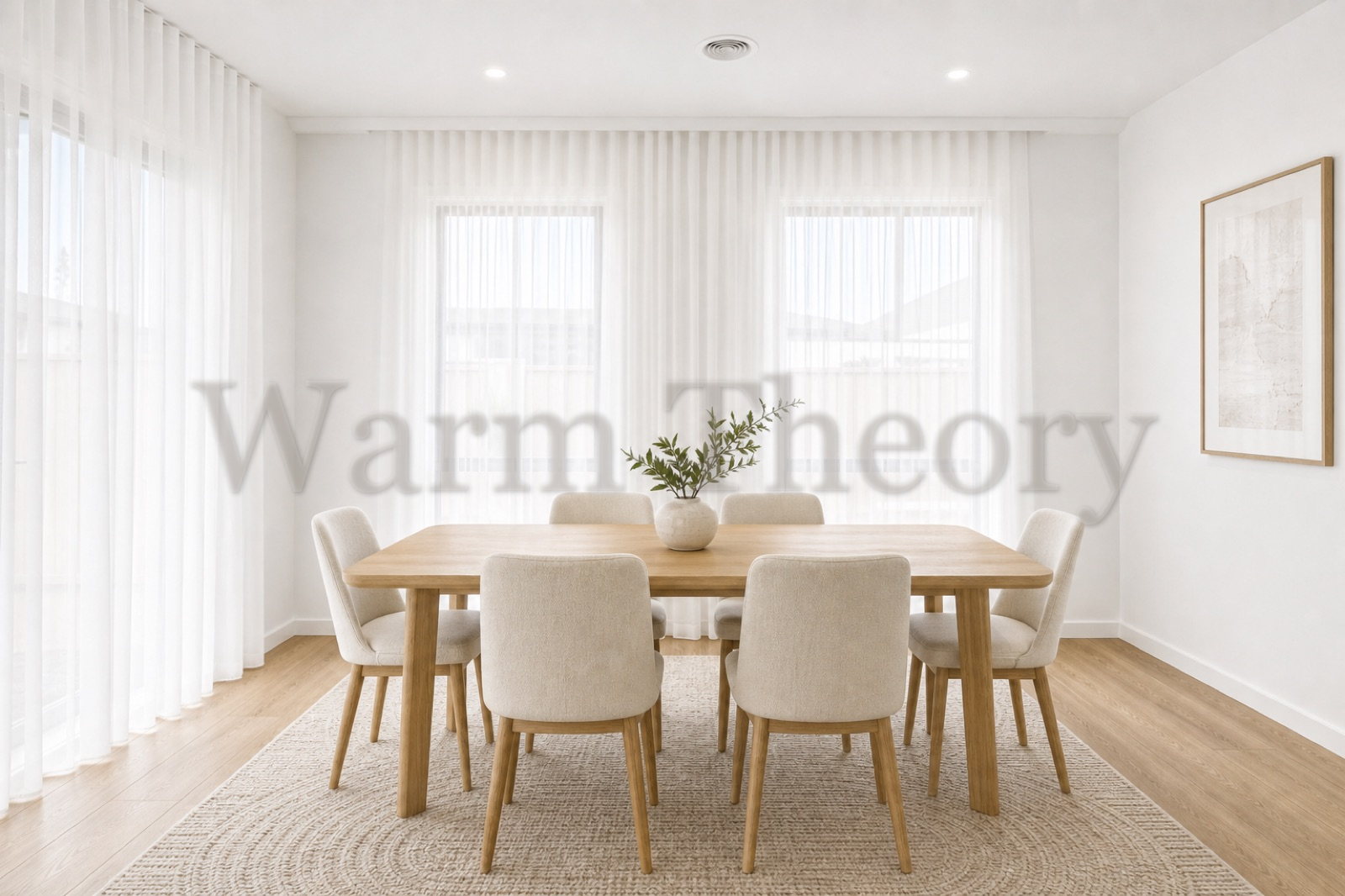 Light-filled dining room staged with a light oak table, cream upholstered chairs, and sheer curtains