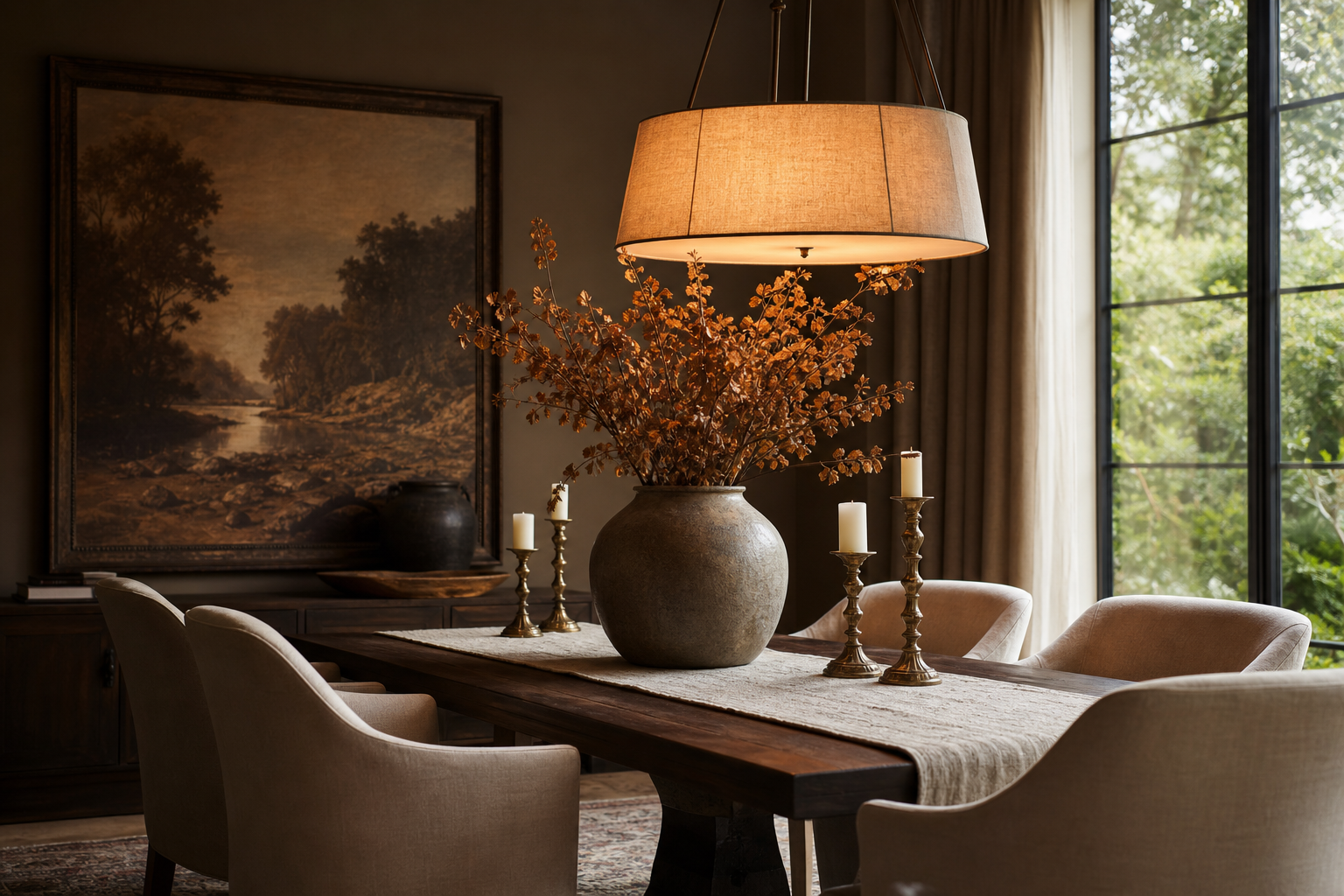 Dining room staged for sale in warm chocolate and beige tones with gathered ceramics on the table