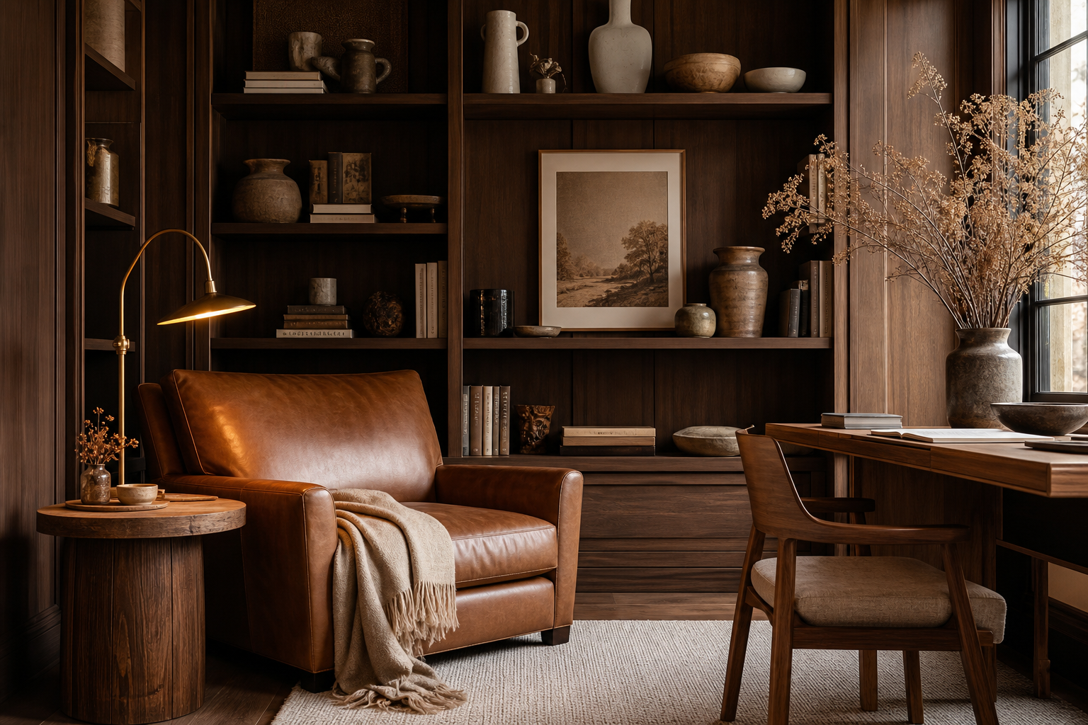 Interior-designed reading nook with walnut bookshelves, a leather armchair, and warm lamp light