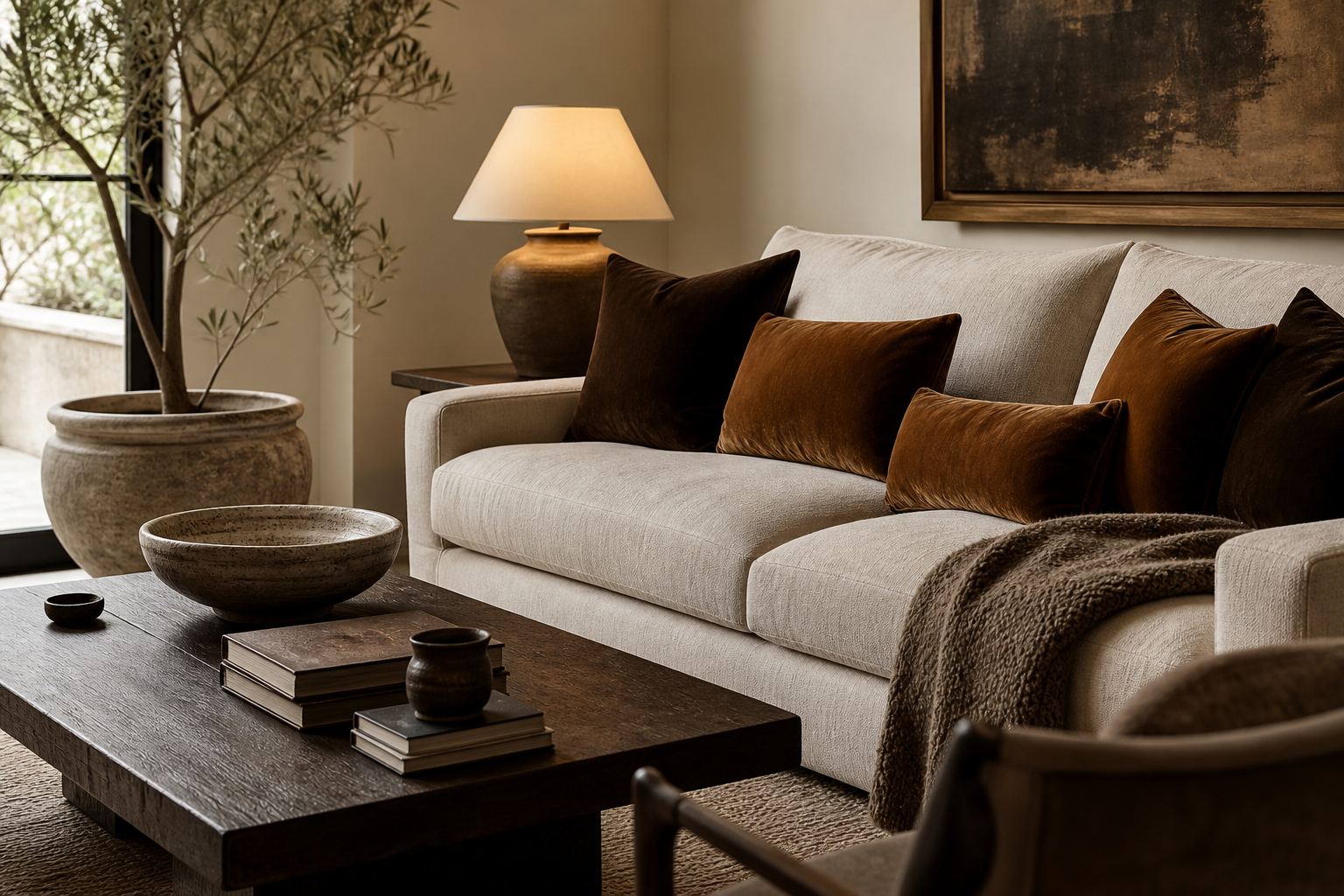 Warm layered living room styled in chocolate, caramel, and cream tones