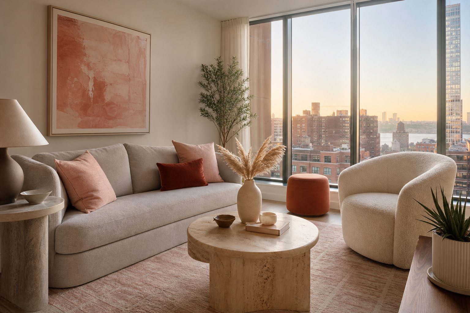 Short-stay apartment styled in blush and terracotta with curved furniture