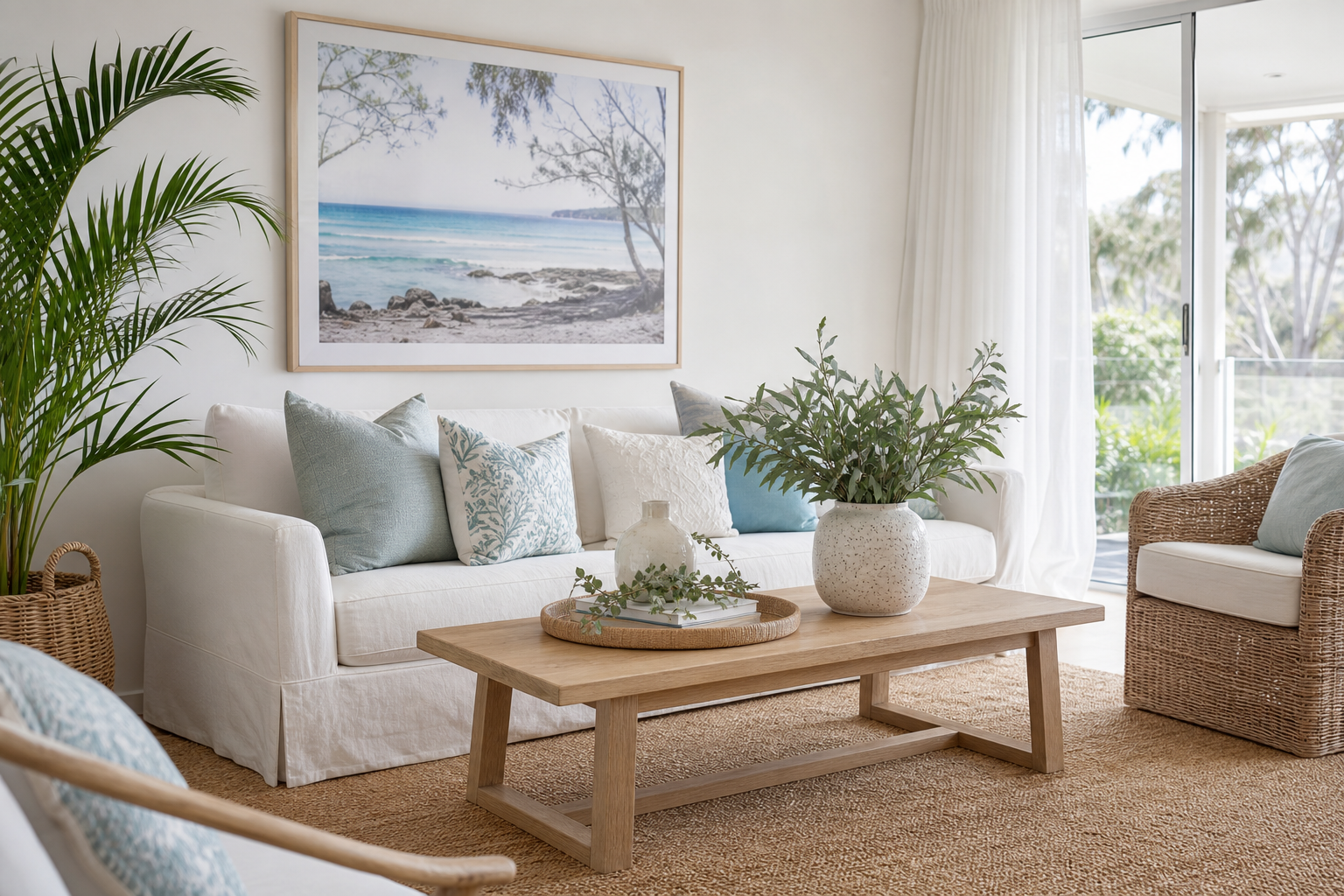 Coastal living room staged in white and soft blue with linen sofas and natural timber