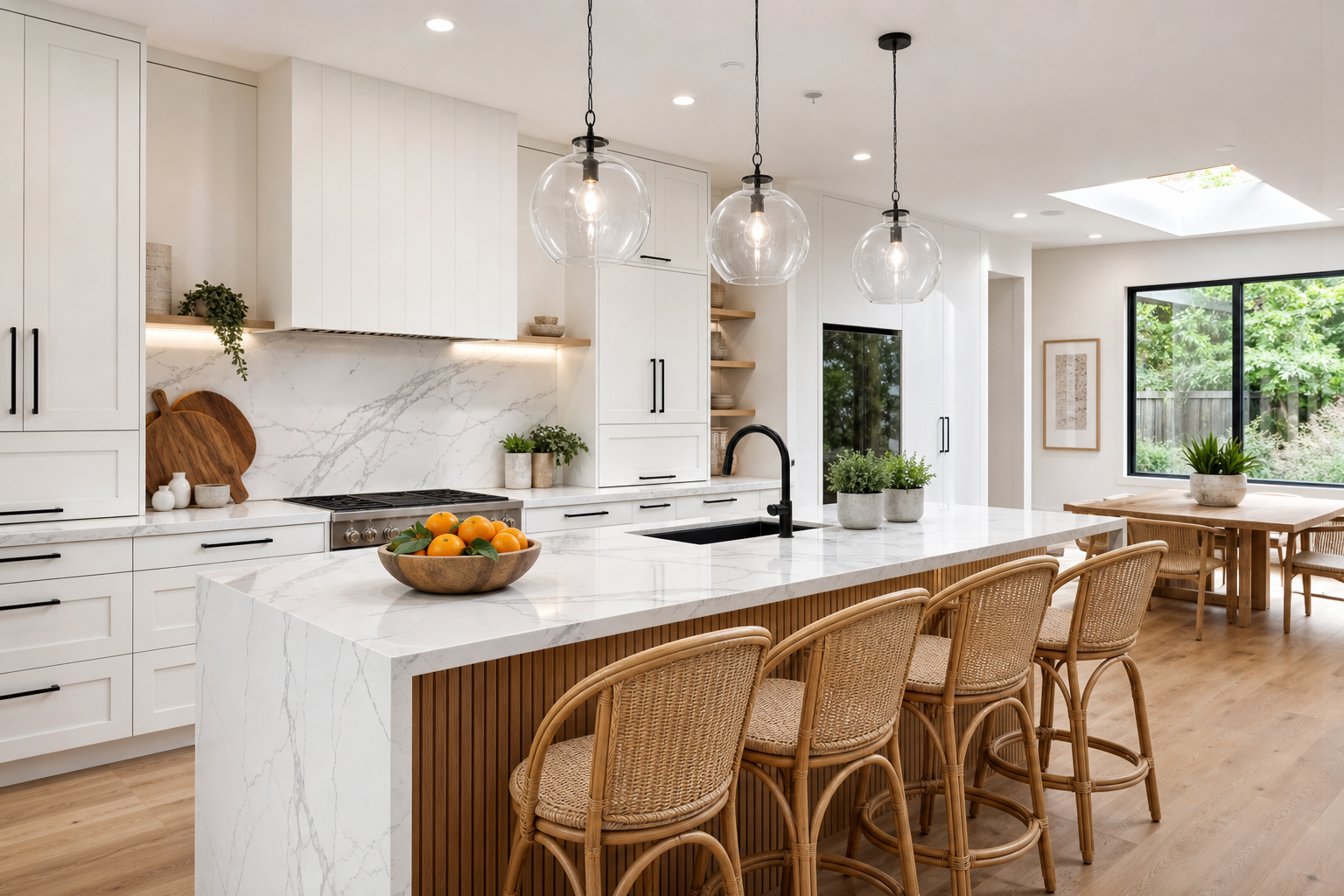 White marble kitchen styled with ceramics, fresh produce, and brass details