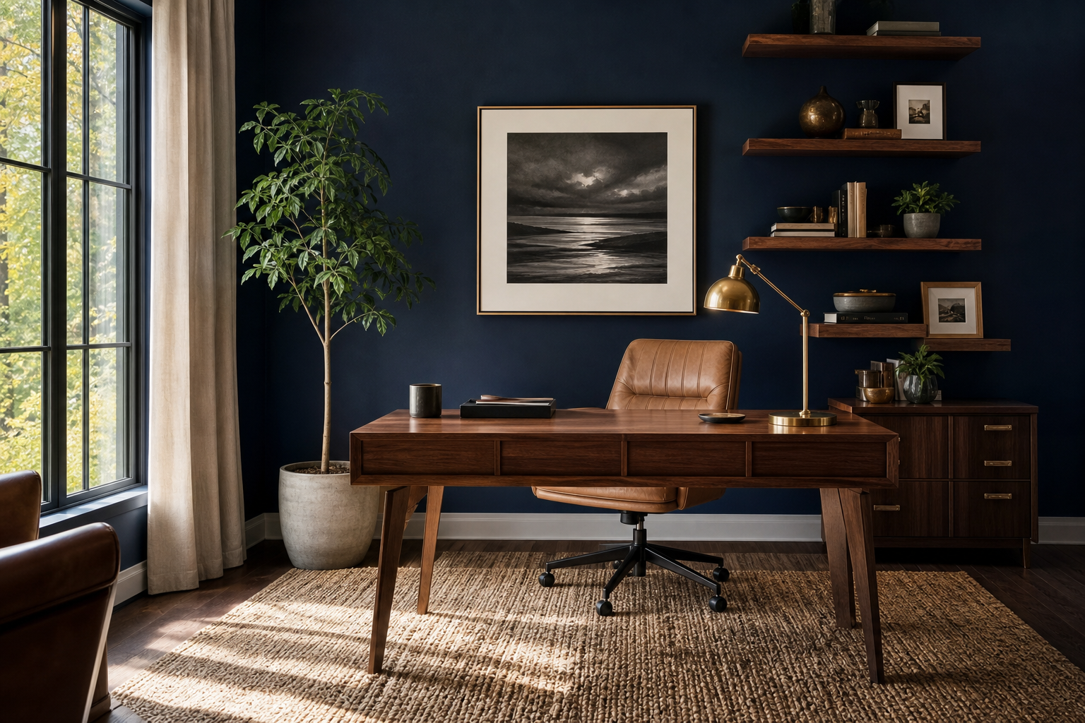 Navy home office with built-in shelving, brass lighting, and a timber desk