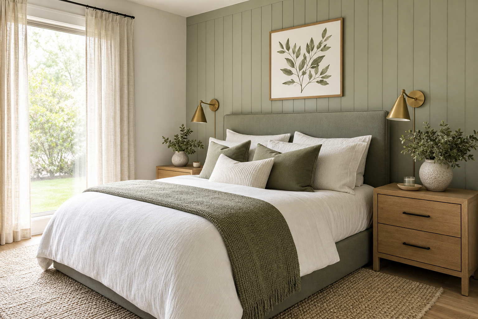 Sage green bedroom with layered linen bedding and soft natural light