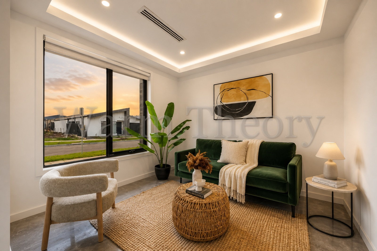 Sitting room staged with emerald velvet sofa and boucle chair, Melbourne staging by Warm Theory